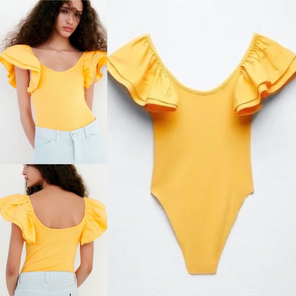 Zara NWOT yellow ribbed ruffle flutter sleeve stretchy bodysuit